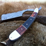 Luxury Antique Razor with Damascus Steel Blade and Buffalo Horn-Rosewood, Brass Bolsters Handle - Includes Leather Case - Available Exclusively at KBS Knives Store