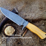 Custom Handmade Damascus Hunting Knife | Olivewood Handle with Damascus Guard | 12 Inches | Leather Sheath | KBS Knives