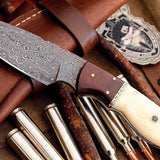 Custom Handmade Damascus Deer Skinning Knife – Rosewood & Bone Handle, 8.5" with Leather Sheath