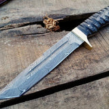 Handcrafted Tanto Hunting Knife in Damascus Steel with Blood Groove