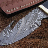Hunter's Fixed Blade Guthook Knife - Damascus Steel & Water Buffalo Horn/Camel Bone Handle
