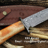 KBS Knives: Custom Handmade Damascus Hunting Knife | 12 Inches | Colored Camel Bone Handle