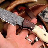 Custom Handmade Damascus Deer Skinning Knife – Rosewood & Bone Handle, 8.5" with Leather Sheath