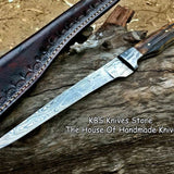 KBS Knives Store Handmade Damascus Steel Fillet Boning Knife with Antler Horn and Damascus Bolster Handle and Leather Sheath