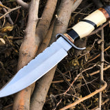 Top Quality Hunting Bowie Knife | D2 Steel Blade | Bone, Buffalo, Wood Handle with Damascus Guard | 13 Inches | Leather Sheath | KBS Knives Store