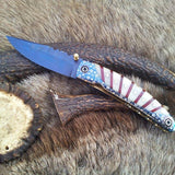 Everyday Carry Damascus Steel Folding Pocket Knife with Laser Engraved Bone Handle