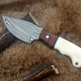 Damascus Steel Drop Point Skinning Knife with Bone and Rosewood Handle – 7 Inch Overall Length