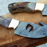 Custom Handmade Deer Gut Hook Skinning Knife – Damascus Steel with Antler Horn Handle