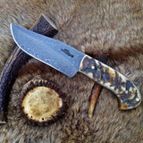 Custom Handmade Damascus Hunting Knife | Full Tang Damascus Steel with Sheep Horn Handle | 9.5 Inches | Leather Sheath | KBS Knives