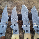Everyday Carry Deal of 3 Damascus Steel Folding Pocket Knives with Bone and Burl Olivewood Handles – The Trio Edge