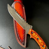 Custom Handmade Damascus Steel Fighter Bowie Knife with Exotic Wood Handle and Leather Sheath