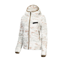 White patterned hooded down jacket with full zipper and logo chest label