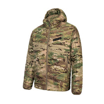Green camouflage hooded puffer jacket with full-length front zipper