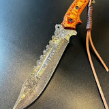 Custom Handmade Damascus Steel Fighter Bowie Knife with Exotic Wood Handle and Leather Sheath