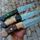 Premium Damascus Hunting Knife Set - 3 Knives with Micarta G10, Olive Wood, and Rosewood Handles, 9-Inch Blades, Leather Sheath