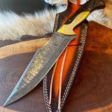 Custom Handmade Damascus Steel Bowie Knife with Wenge Wood and Brass Bolster Handle