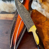 Custom Handmade Damascus Steel Bowie Knife with Wenge Wood and Brass Bolster Handle