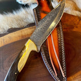Custom Handmade Damascus Steel Bowie Knife with Wenge Wood and Brass Bolster Handle