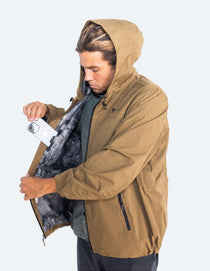 Tan hooded waterproof rain jacket with zip front, adjustable cuffs, inner lining
