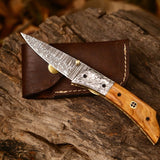 Hand Engraved Custom Damascus Steel EDC Folding Pocket Knife | 3-Inch Blade, Olive Wood Handle, Leather Case | Gift Idea