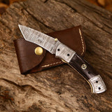 Custom Handmade Damascus Steel Tanto Blade EDC Folding Pocket Knife | 3-Inch Blade, Wenge Wood Handle, Leather Case | Groomsman Gift