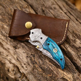 Custom Handmade Damascus Steel EDC Folding Pocket Knife – Exotic Wood Handle, 3-Inch Blade, Leather Case – Ideal Wedding Gift