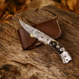 Best Custom Handmade Damascus Steel EDC Folding Pocket Knife | 3-Inch Blade, Sheep Horn Handle, Leather Case | Ideal Gift for Any Occasion by KBS Knives