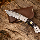New Custom Handmade Damascus Steel Tanto Blade EDC Folding Pocket Knife | 3-Inch Blade, Buffalo Horn Handle, Leather Case | Perfect Gift by KBS Knives