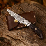 Hand Engraved Custom Damascus Steel EDC Folding Pocket Knife | 3-Inch Blade, Wenge Wood Handle, Leather Case | Anniversary Gift Idea