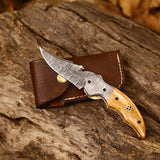 Custom Handmade Damascus Steel EDC Folding Pocket Knife | 3-Inch Blade, Colored Bone Handle, Leather Case | Ideal Gift for Any Occasion by KBS Knives