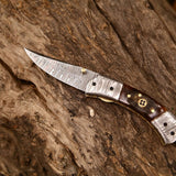 Custom Handmade Damascus Steel EDC Folding Pocket Knife – 3-Inch Blade, Sheep Horn Handle, Leather Case – Perfect Wedding Gift by KBS Knives
