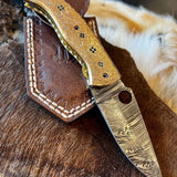 Custom Handmade Damascus Steel Folding Pocket Knife with Hand Engraved Brass Handle