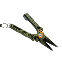 Green line cutter pliers with split-ring style jaws and orange pivot detail