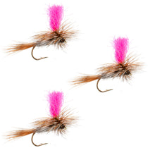 Set of three pink dry flies with tan hackle and barbed hook