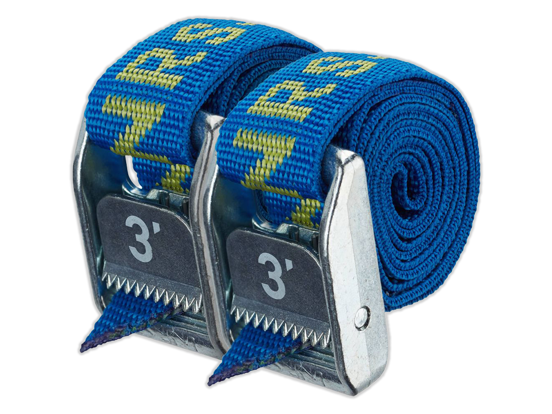 1-inch blue tie-down strap set with yellow stripes and metal cam buckles, 3 ft