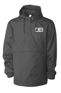 Dark gray anorak jacket with hood, half-zip front, chest logo, elastic cuffs