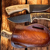 Ranch Cowboy Knives and Sheaths – 8" Black Powder Coated Rasp Steel Blade with Antler Horn Handle
