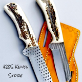 Western Knife for Sale – Rasp Steel 8" Full Tang Bull Cutter with Antler Horn Handle & Leather Sheath