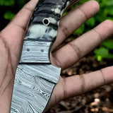 Custom Handmade Damascus Steel Deer Knife with Sheep Horn Handle & Leather Sheath