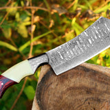 Cleaver Knife with Full Tang Damascus Steel Blade and Exotic Pakka Wood, Bone, and Damascus Bolster - 10.5 Inches