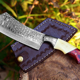 Cleaver Knife with Full Tang Damascus Steel Blade and Exotic Pakka Wood, Bone, and Damascus Bolster - 10.5 Inches