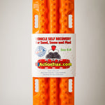 Orange recovery traction board with printed label and metal-tooth tread