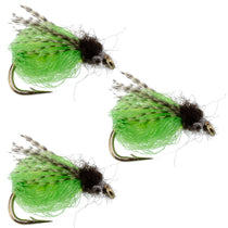 Three bright green sparkle caddis pupa flies with dark heads on hooks