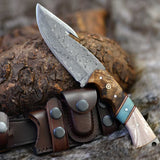 The Hunter's Edge: 8.25-Inch Gut Hook Skinning Hunting Knife with Raindrops Damascus Steel Blade, Rosewood and Epoxy Resin Handle