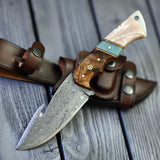 The Hunter's Edge: 8.25-Inch Gut Hook Skinning Hunting Knife with Raindrops Damascus Steel Blade, Rosewood and Epoxy Resin Handle