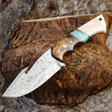 The Hunter's Edge: 8.25-Inch Gut Hook Skinning Hunting Knife with Raindrops Damascus Steel Blade, Rosewood and Epoxy Resin Handle