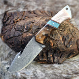 The Hunter's Edge: 8.25-Inch Gut Hook Skinning Hunting Knife with Raindrops Damascus Steel Blade, Rosewood and Epoxy Resin Handle