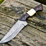 The Wilderness Elite: 10.5-Inch Hunting Knife with Full Tang Damascus Steel Blade, Bone and Wenge Wood Handle