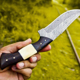 The Wilderness Elite: 10.5-Inch Hunting Knife with Full Tang Damascus Steel Blade, Bone and Wenge Wood Handle