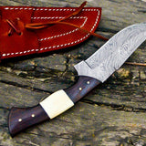 The Wilderness Elite: 10.5-Inch Hunting Knife with Full Tang Damascus Steel Blade, Bone and Wenge Wood Handle
